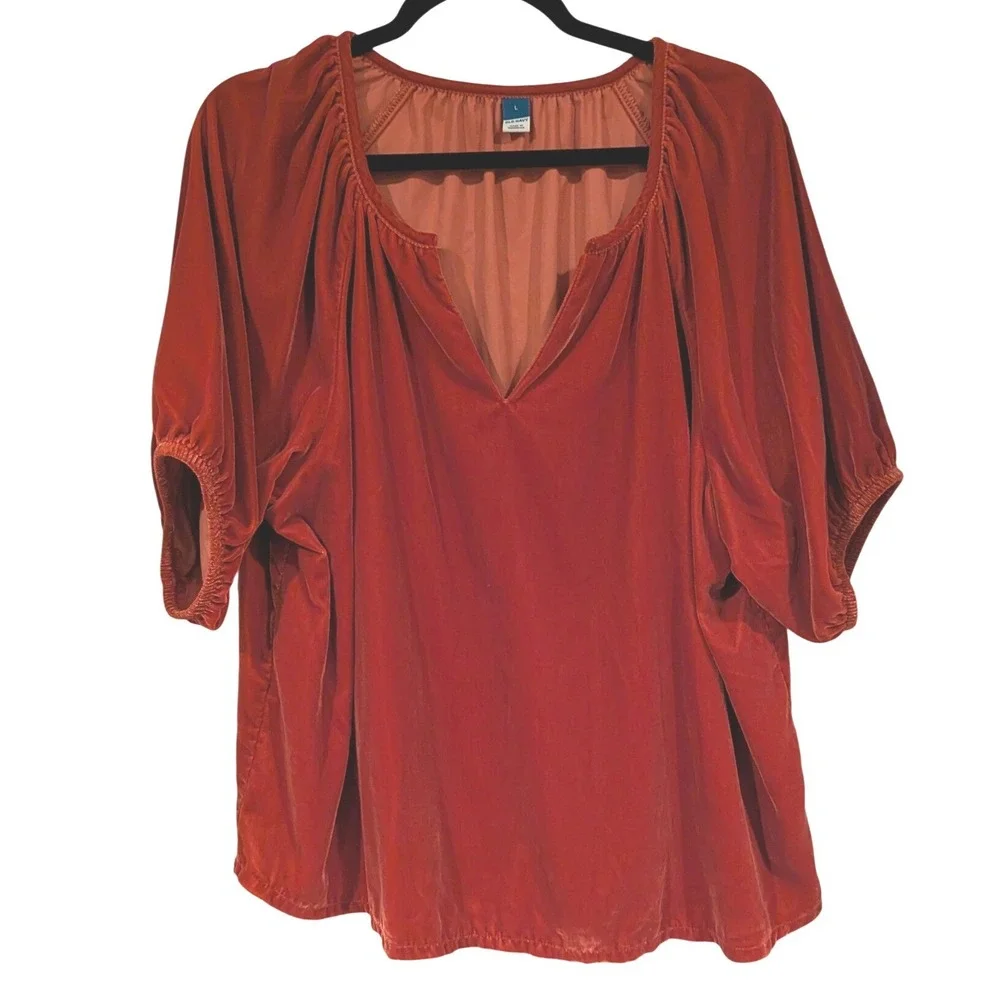 Old Navy Velvet Top Large Burnt Orange Puff Sleeve Split Neck Boho Fall Blouse